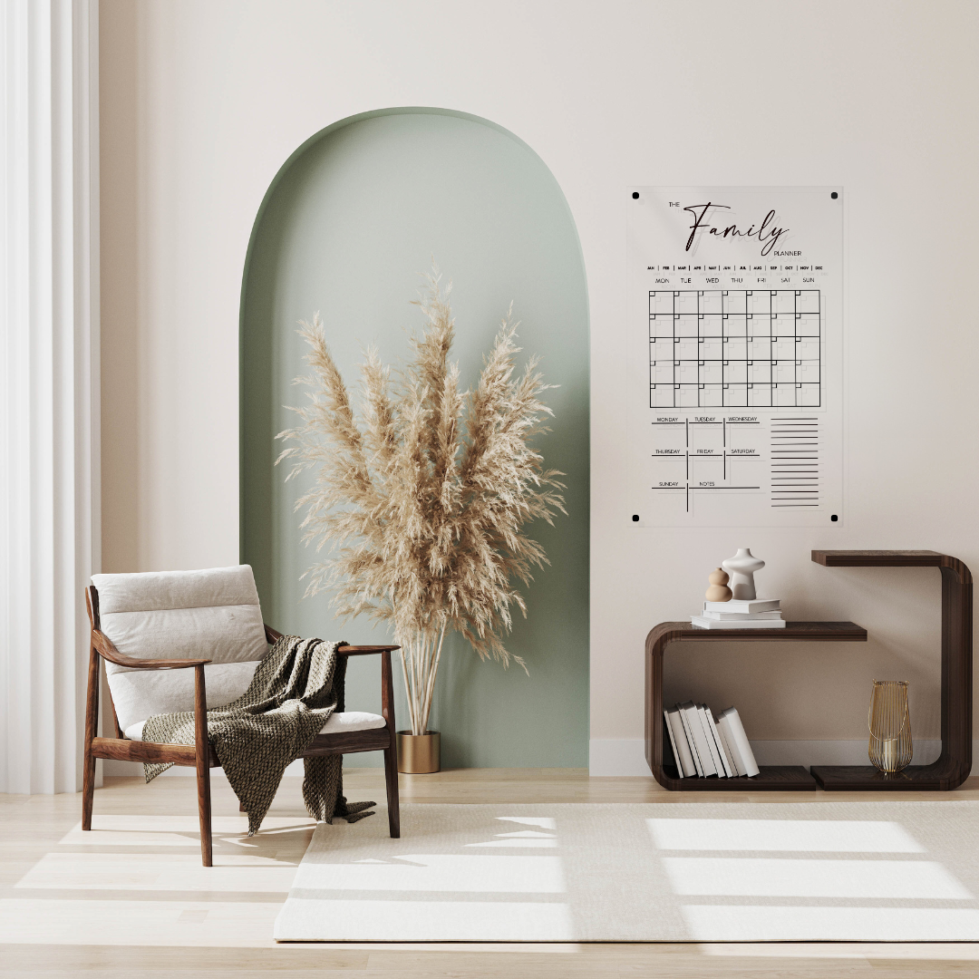 Deluxe acrylic wall planner displayed in a contemporary home setting. A modern, functional calendar solution for stylish family organisation. Designed and made in New Zealand.