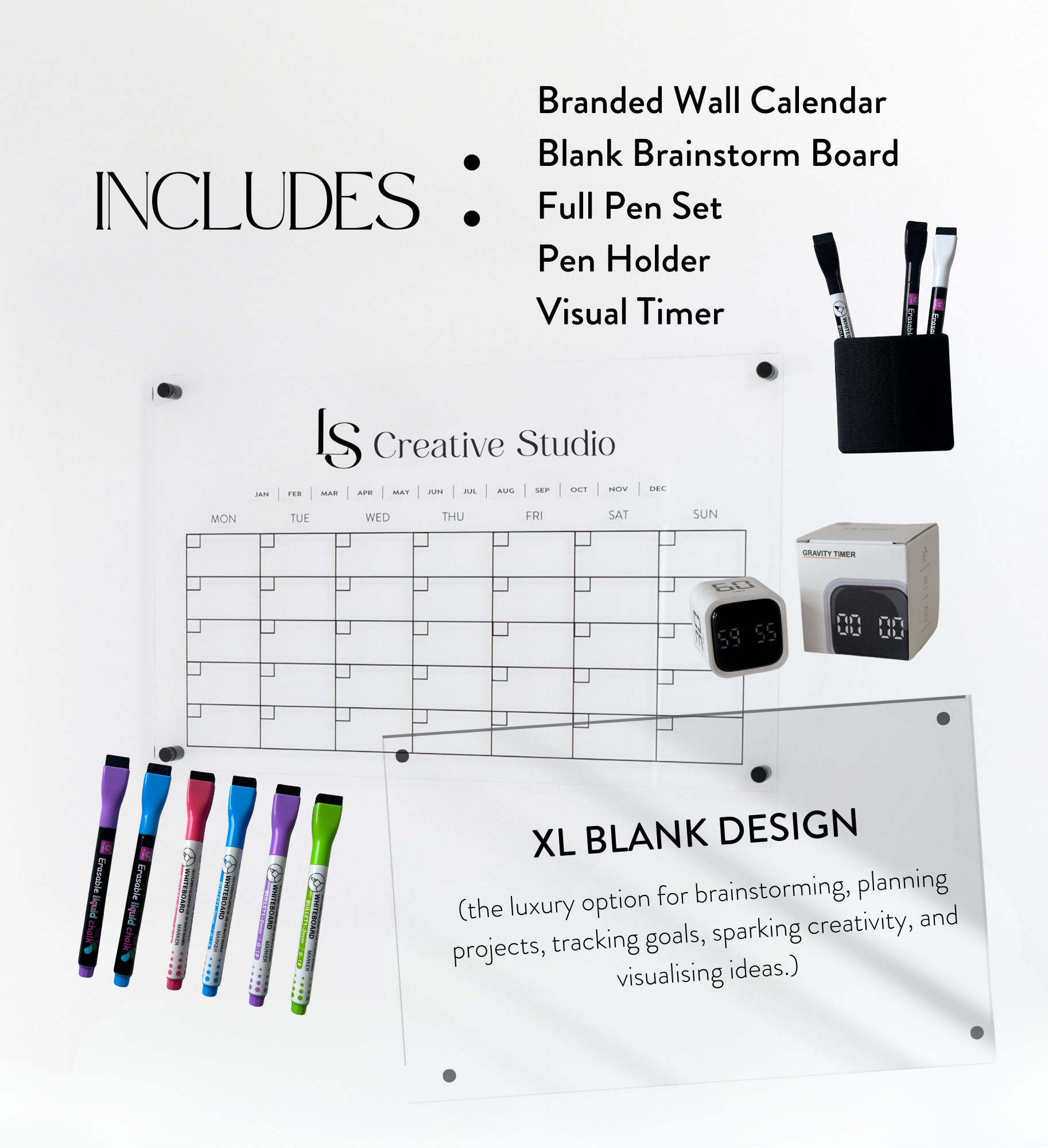 Complete business planning bundle including branded board calendar, blank brainstorm board, full pen set, visual pen holder, and visual timer for office organization and productivity
