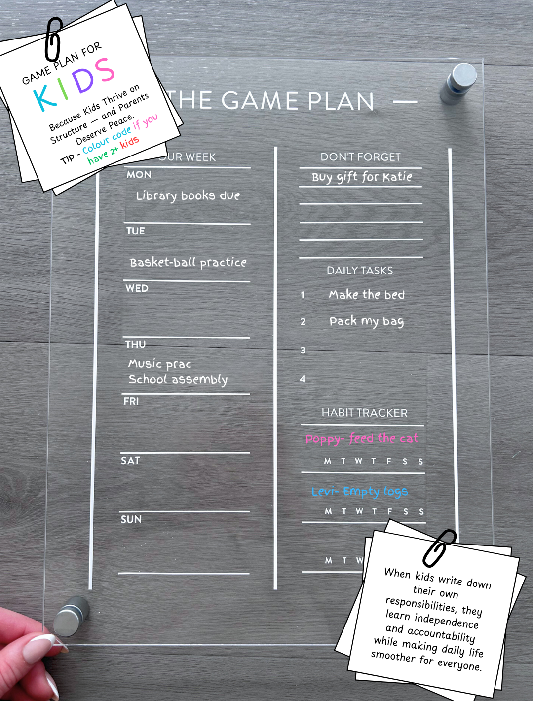 Kids acrylic fridge and wall planner, Game Plan filled with example weekly schedule, chores, daily tasks, and habit tracker to show how children can stay organized and focused.